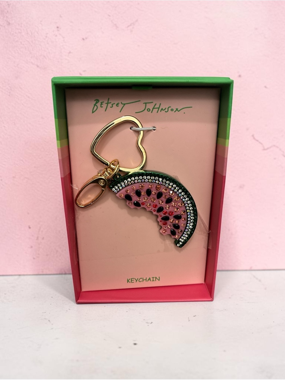 Betsey Johnson Pink & Green Watermelon Crystal Keychain with Gold Heart Clasp
